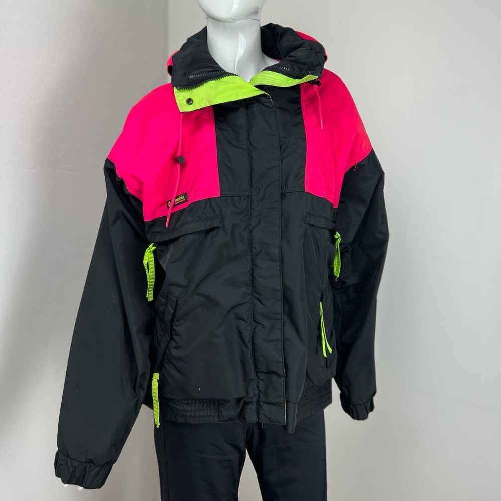 Columbia Neon Pink and Black Ski Jacket with Lime Accents